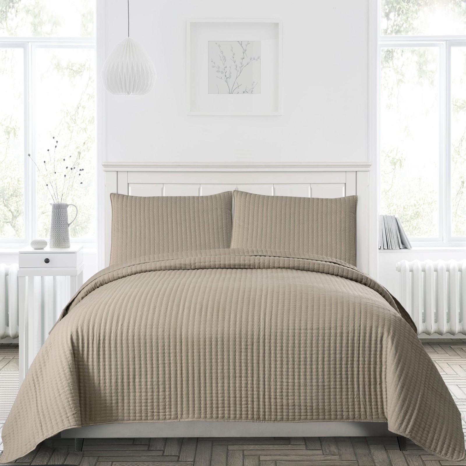 Light Taupe Queen Size Quilt Bedding Sets with Pillowcases,Lightweight for Al...