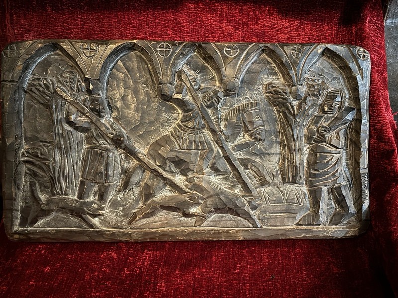 Antique Gothic Medieval Wooden Carved Panel The Hunting Scene Wall Art Plaque