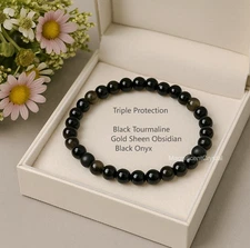 6mm Triple Protection Bracelet  Black Tourmaline Gold Sheen Obsidian Black Onyx
