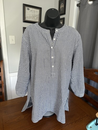 Madison Mathews Gingham Plaid Tunic Blouse Women’s Sz Lg Navy Blue EUC - Picture 3 of 6