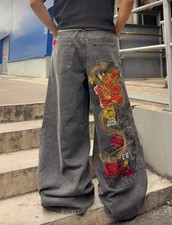 Men s Embroidered Graphic Wide Leg Denim Jeans Loose Fit Baggy Casual Pants