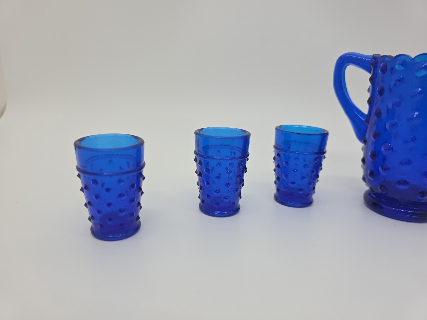 Wetzel Carnival Glass Water Set Miniature Hobnail Cobalt Blue Pitcher Tumblers