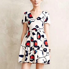 Maeve Painted Poppies Short Sleeve Fit and Flare Dress Small
