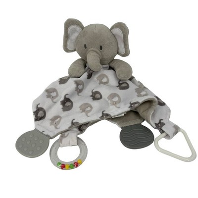 Modern Baby Elephant Lovey Gray White Plush Teether Rattle Ring Toy 12 Inch