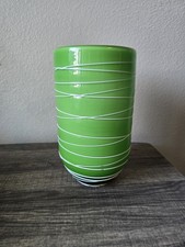 Vintage MCM Murano Style Glass Vase, Green With White Spiral Design Art Decor