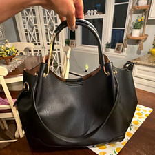 Women s Black Pebbled Satchel Top Handle Bag Zip Closure Double Handles Gold
