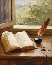 Book & Quill on Wooden Desk | Impressionist Scene | Vintage Art Print Museum Art