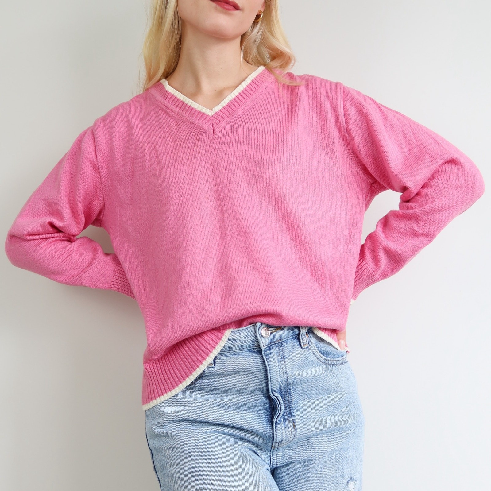 Vintage Pink Vneck Sweater Preppy Medium