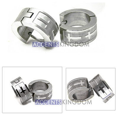 ACCENTS KINGDOM TITANIUM HUGGIE HOOP CROSS EARRINGS