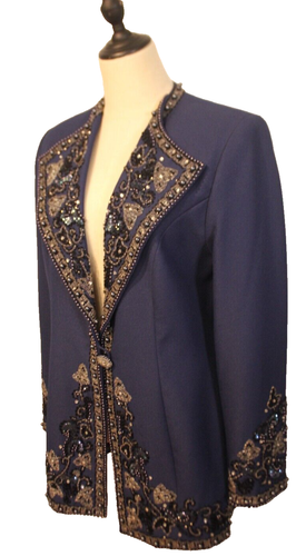Vintage 80's Diane Freis Size M Navy Blue Beaded Sequins Cocktail Blazer Jacket - Picture 6 of 10