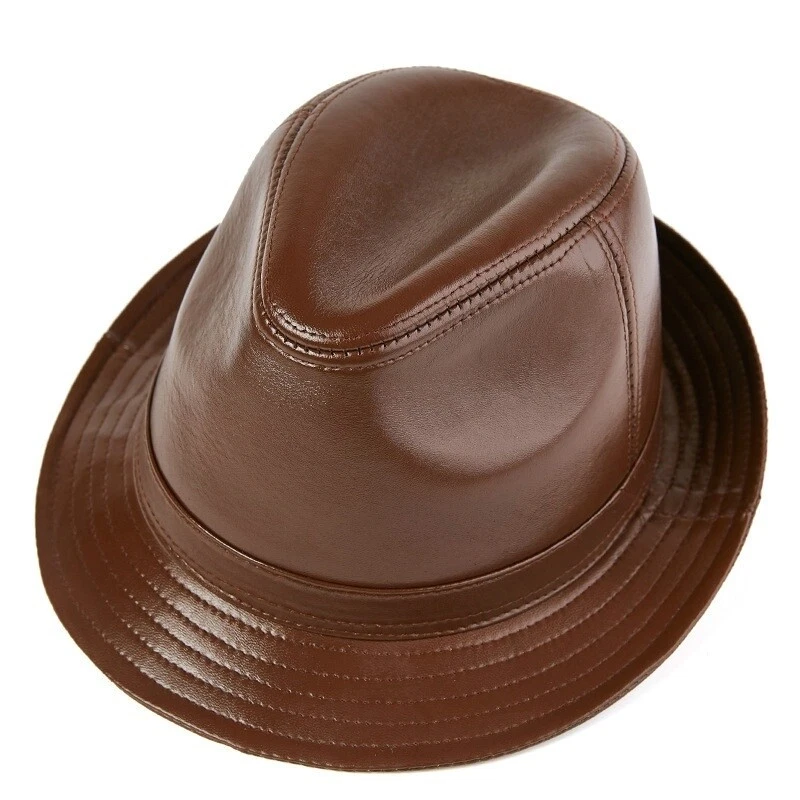 LO ÚLTIMO Para hombres Clásico Trilby Sombrero Cuero Genuino Fedora Sombrero De Colección Marrón/Negro Foto 4 de 4