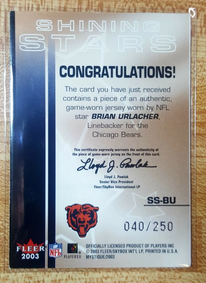 2003 Fleer Mystique Shining Stars Jerseys 2-color /250 Brian Urlacher #SS-BU HOF - Image 2 of 2