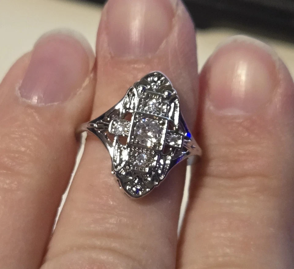 Vintage Art Deco Style 925 Sterling Silver Ring Platinum FN Lab Created Diamonds - Image 4 of 4