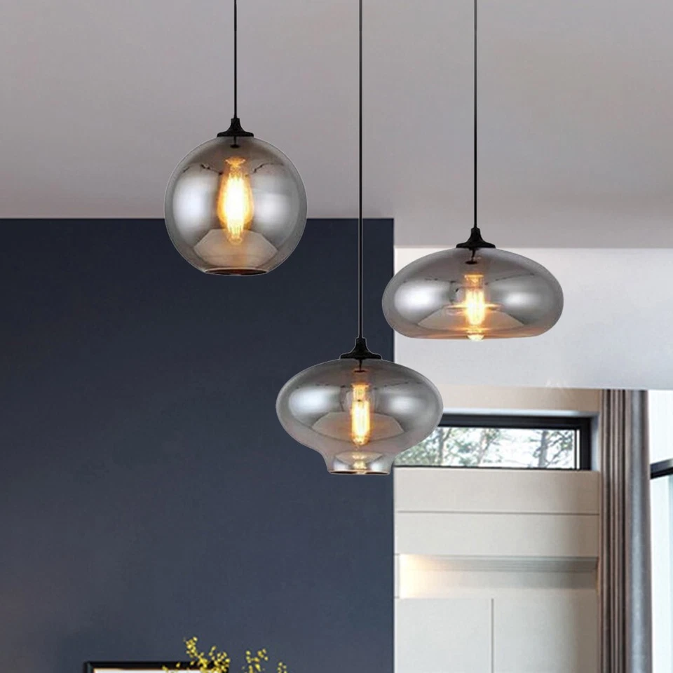 Lámpara de araña moderna con racimo de globo de vidrio gris ahumado de 3 luces de vidrio colgante Foto 3 de 4