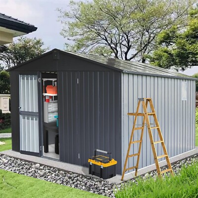 11x12 FT Outdoor Metal Storage Shed Galvanized Steel Frame for Backyard Gray