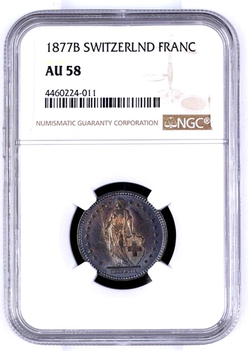 1877 B Switzerland 1 Franc, NGC AU 58