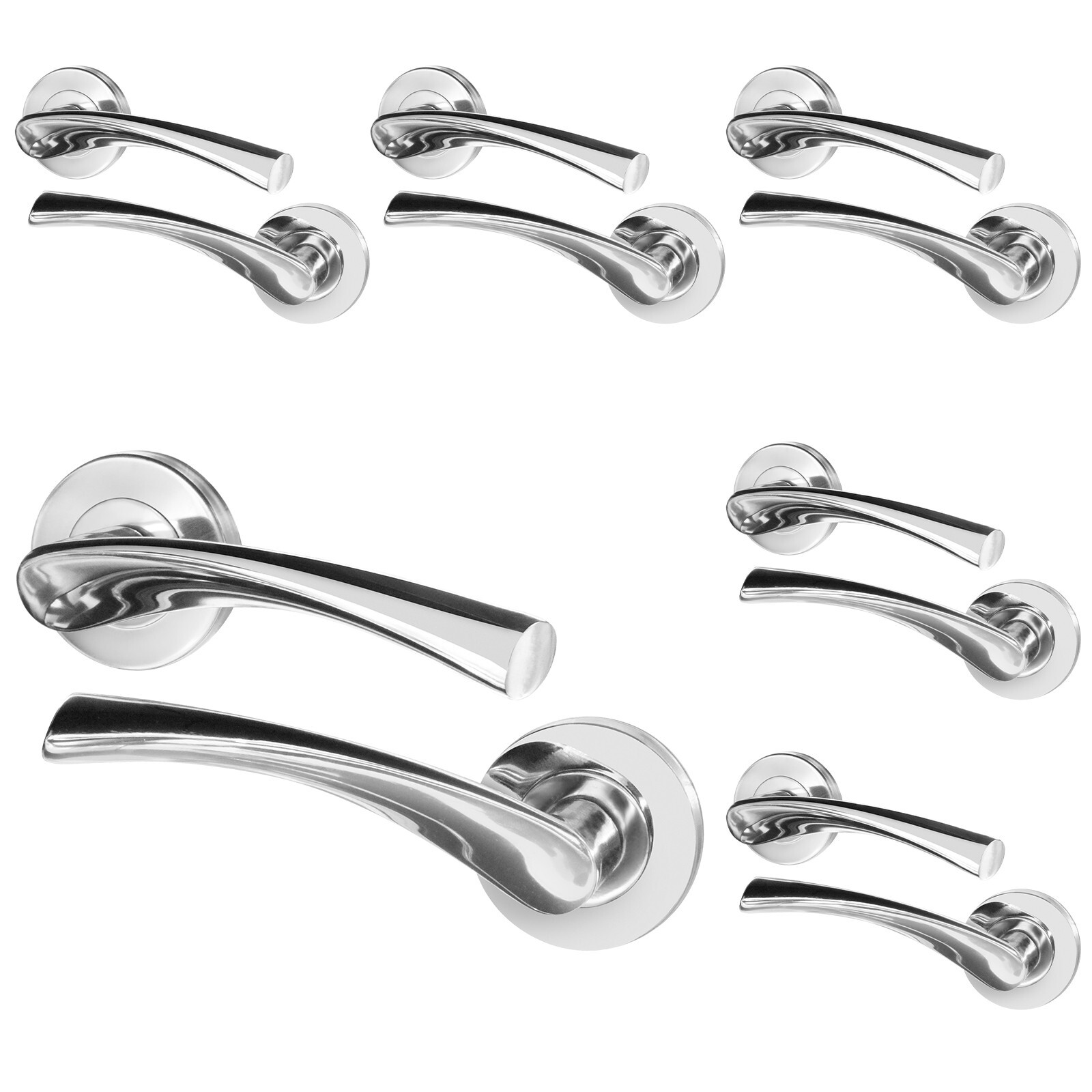 Polished Chrome Internal Door Handle, 6 Pair Lever on Rose Round Curved Handles