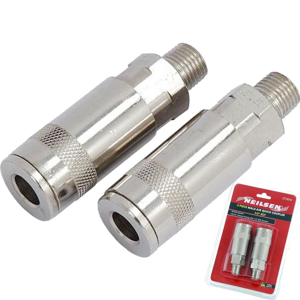 Neilsen 2pc Air Line Fittings Hose Compressor Coupler Connector 1/4"" BSP Male