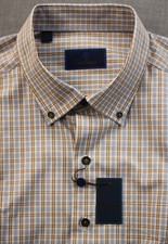 David Donahue Logo Men White Blue Brown Check Cotton Dress Shirt NWT 18 2XL 145
