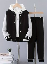 2pcs Boy's Varsity Jacket Outfit, Button Front Coat  Sweatpants Set,