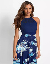 Bonprix Women's Blue Lace Bodice Maxi Long Dress Size 14 RRP £45