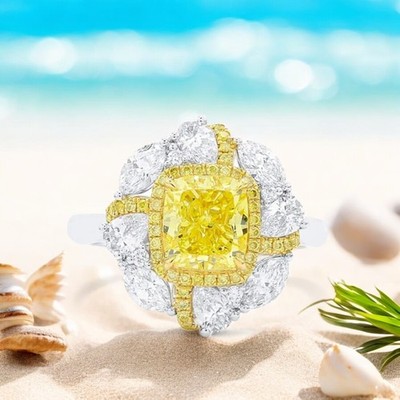 14k Multi Gold Ring IGI Fancy Intensive Yellow Cushion 2,75 Ct Lab Grown Diamond