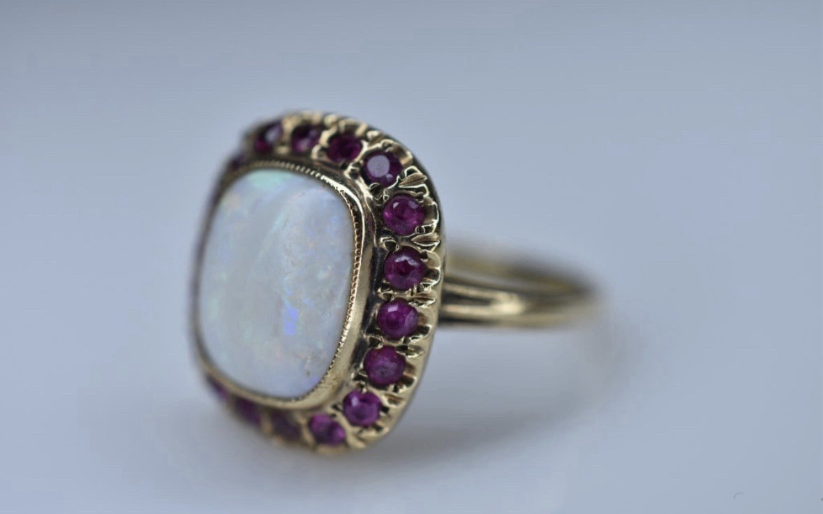 14K Gold Opal Cabochon and Ruby Ring - image 2