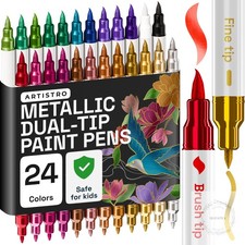24 Metallic Acrylic Paint Markers - Paint Pens for Drawing, Brush  Fine Tips