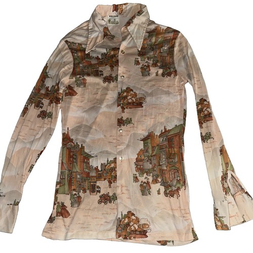 Vintage Kings Road Sears Mens M Scenic Village Print Shirt 70s Disco Collar