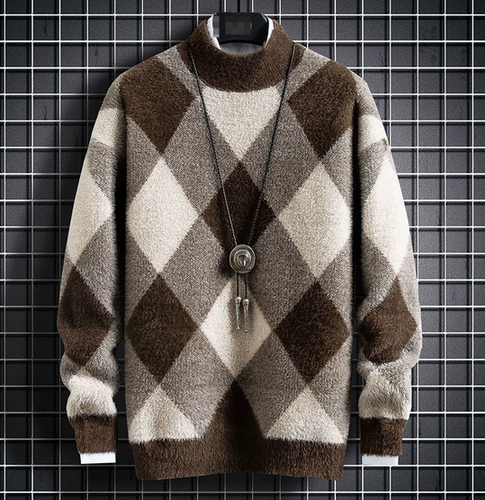Cashmere sweater men's shirt high neck winter plaid pullover comfortable - Picture 3 of 13