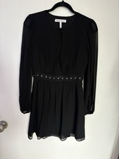 BCBG Generation Black Mini Sheer Sleeve Gromit Detailed Waist Flare Lined Sexy 4