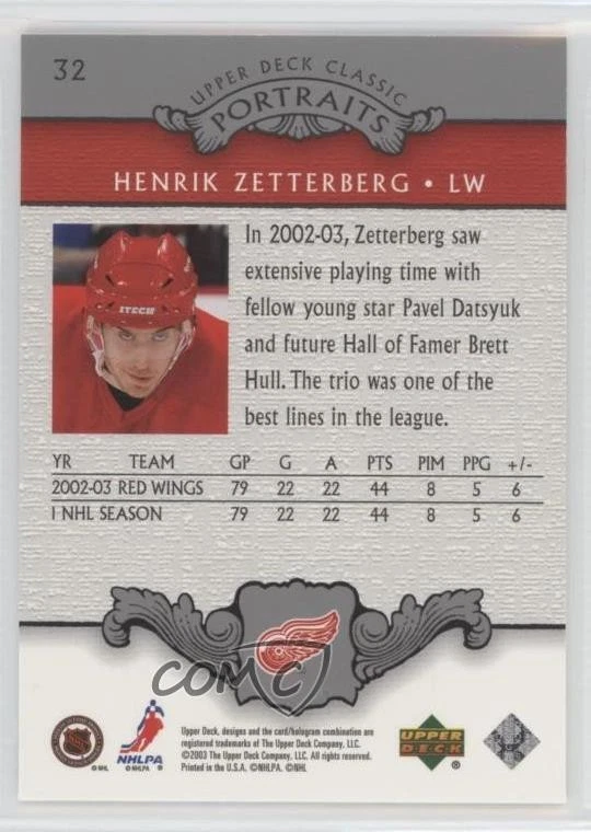 2003-04 Upper Deck Classic Portraits Henrik Zetterberg #32 - Image 2 of 2