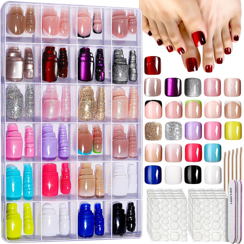 Press on Toenails - 24 Colors Short Square, French Tips Cat Eye Toe ...