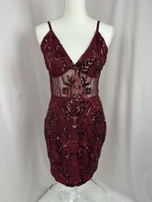 Pretty Little Thing Sequin Sheer Panel Burgundy Bodycon Dress Size 8 Sexy