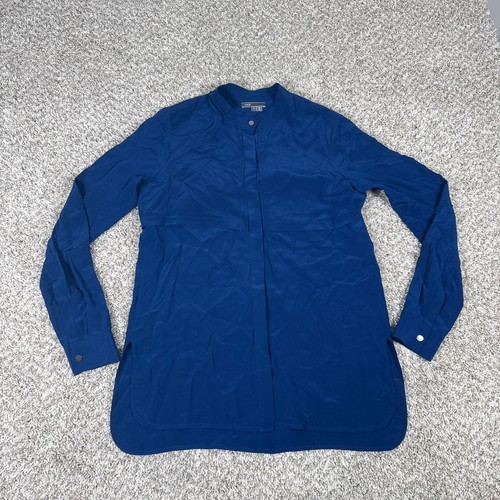 Vince Blouse Womens Small Blue Silk Band Collar Long Sleeve Minimalist Luxury
