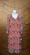 Tommy Hilfiger Smocked Chiffon Midi Dress Womens Plus 18W Red Floral Wedding