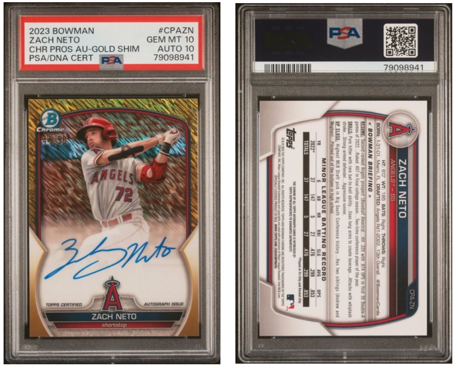 2023 Bowman Chrome Zach Neto Gold Shimmer On Card Auto  /50 LA Angels PERFECT 10