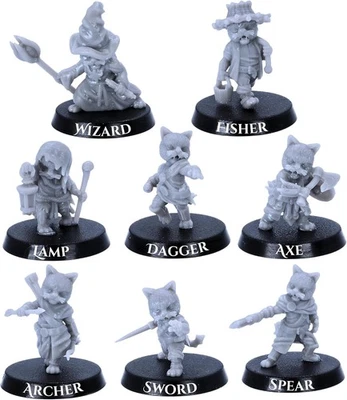 FORGED TERRAIN Cat Folk Miniatures Set – 8 Cat Figures for DnD RPGs | 28mm Scale Fantasy Models