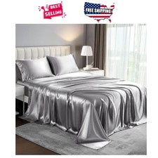 California King Satin Sheets Set 4 Piece Gray Deep Pocket Soft Cooling Bedding
