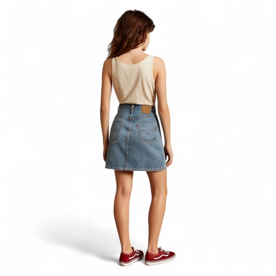 Falda vaquera delantera a presión Levi's talla 4 | longitud media línea A abotonada lavado medio Foto 4 de 4