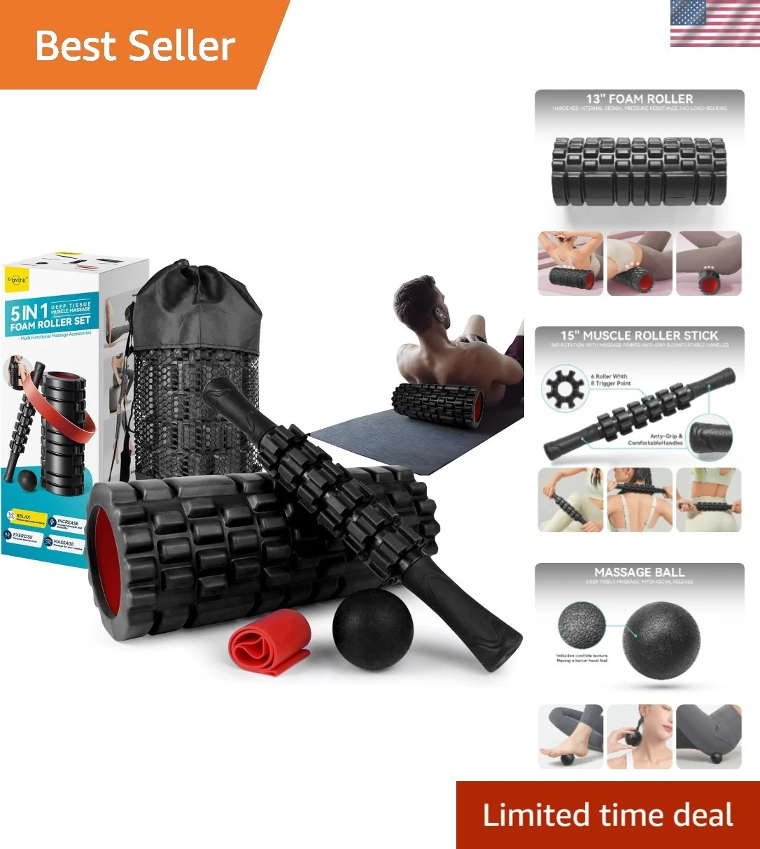Portable Deep Tissue Massage Set - 5-in-1 Foam Roller & Resistance Band