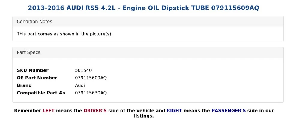 2013-2016 AUDI RS5 4.2L - Engine OIL Dipstick TUBE 079115609AQ - Image 4 of 4