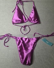 CUPSHE Satin Purple Triangle String 2pc Bikini Set Womens Sz M Tie Side Halter