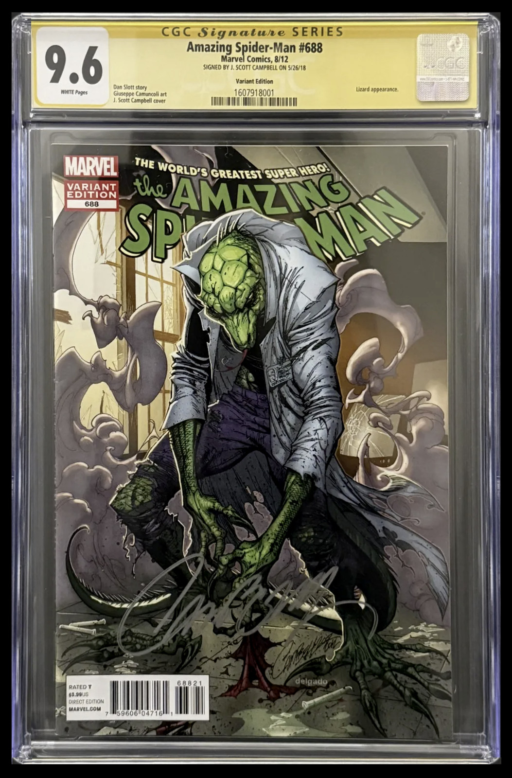 Amazing Spider-Man #688 Variant CGC 9.6 SS WP | J Scott Campbell signed | Lizard