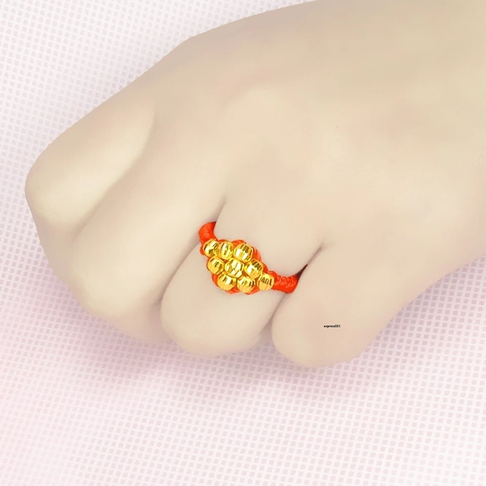 Pure 999 24K Yellow Gold Band Men Women Lucky Laser Bead Red Cord Braided Ring - Image 4 of 4