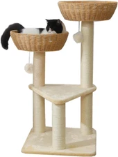 Cat Tree Tower with Rattan Wicker Basket, 2 Handwoven Large Nest Baskets Bed, Wi
