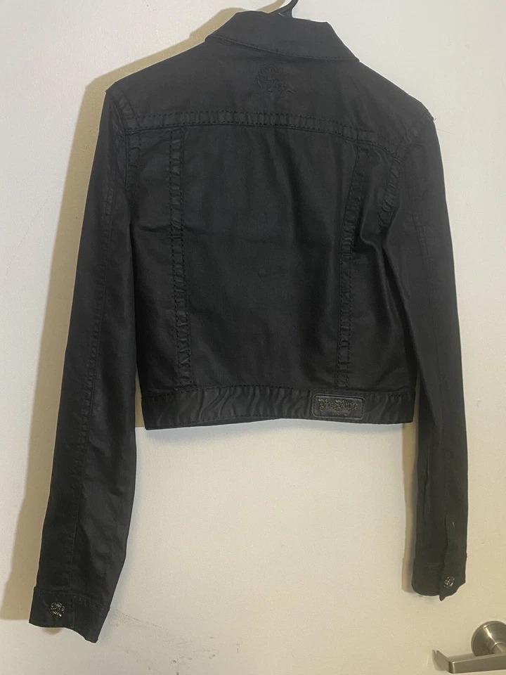 Chaqueta Jackie Denim Encerada Rose Royce Para Mujer Mediana Negra Rosa Botones NUEVA Foto 3 de 4