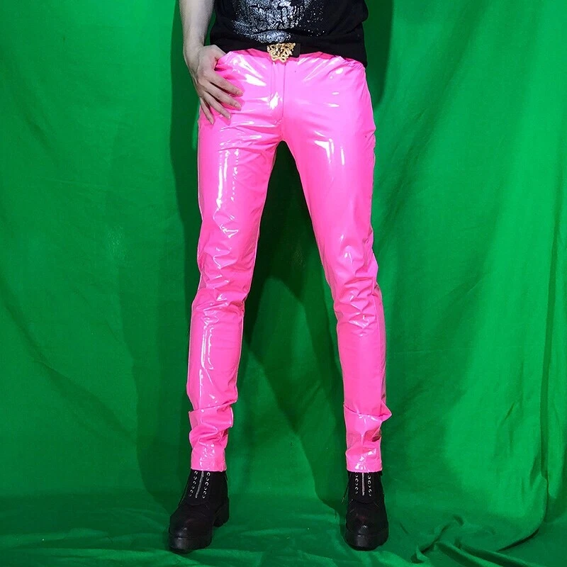 Men Faux Leather Pants Trousers Metallic Shiny Wet Look Skinny Party Club  Dance