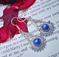 Lapis Lazuli Gemstone 925 Sterling Silver Plated Handmade Unisex Hook Earrings 