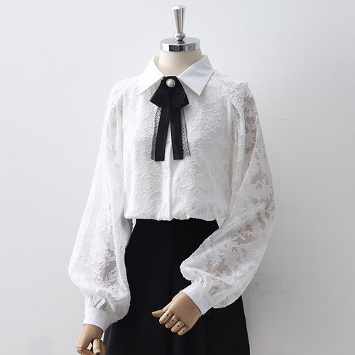 Women Bow Tie Neck Lace Shirt Blouse 